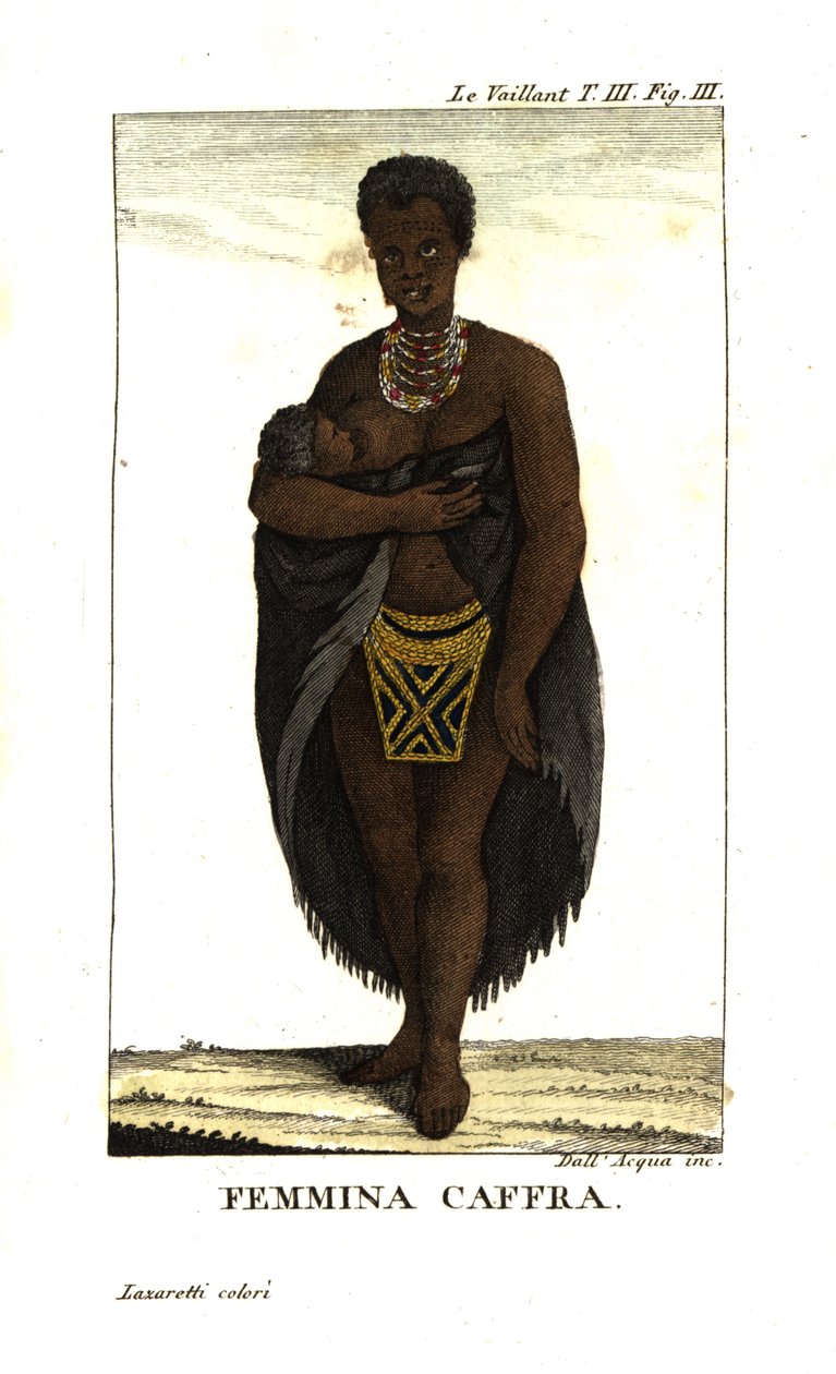Ung San-kvinna ammar barn, Sydafrika. Hon bär cape, halsband och kjol med pärlor. Från Francois Le Vaillant (Levaillant av Unbekannter Künstler