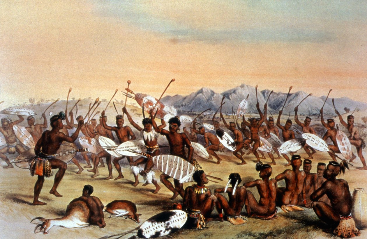Zuluernas jaktdans, ca 1848-1849 (gravyr) av Unbekannter Künstler