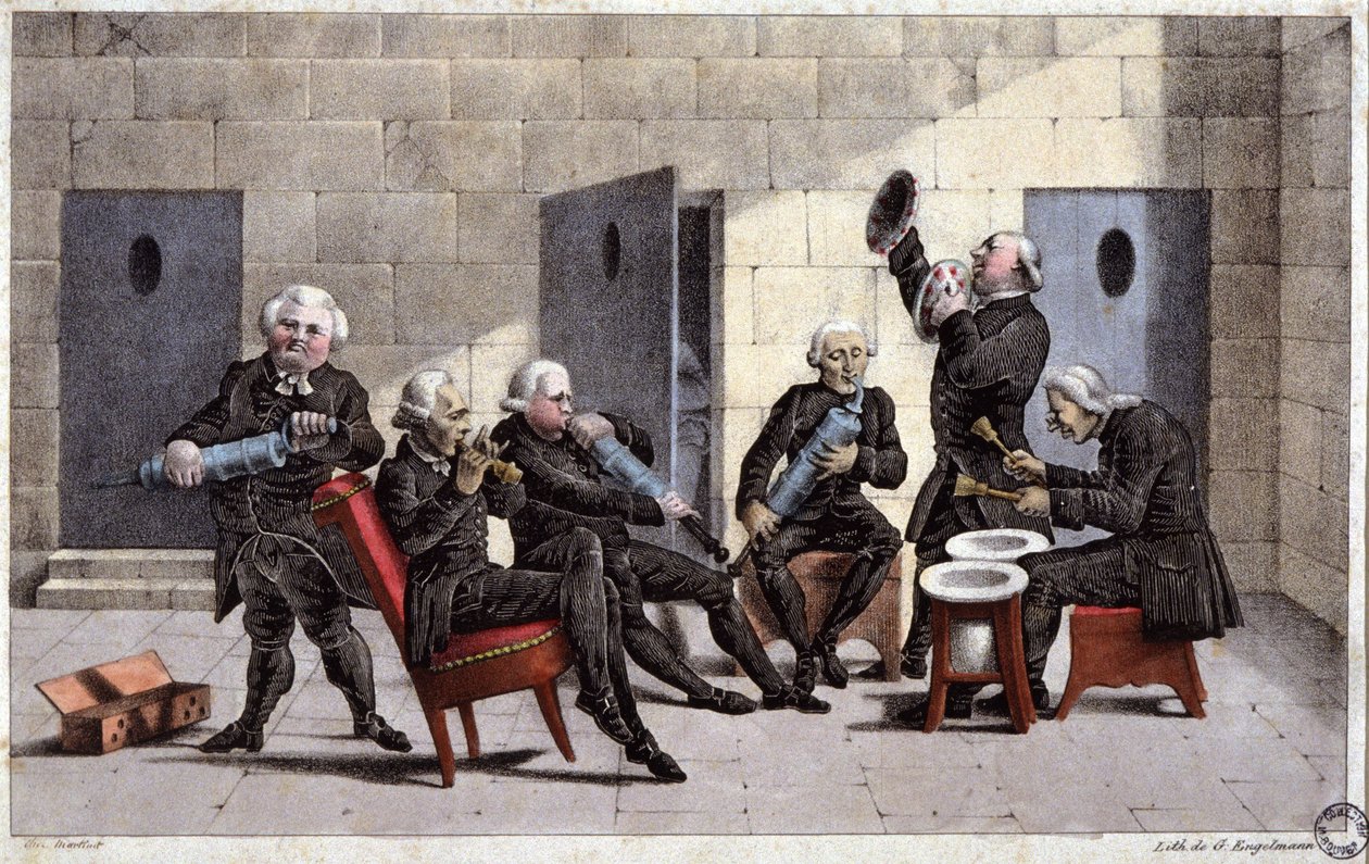 amatörer som spelar en courante, fransk karikatyr mot läkare (som håller sprutor och kammarskrudar som musikinstrument) och avföringsmedel på 1700-talet, gravyr av Elgelmann, ca 1830 av Unbekannter Künstler