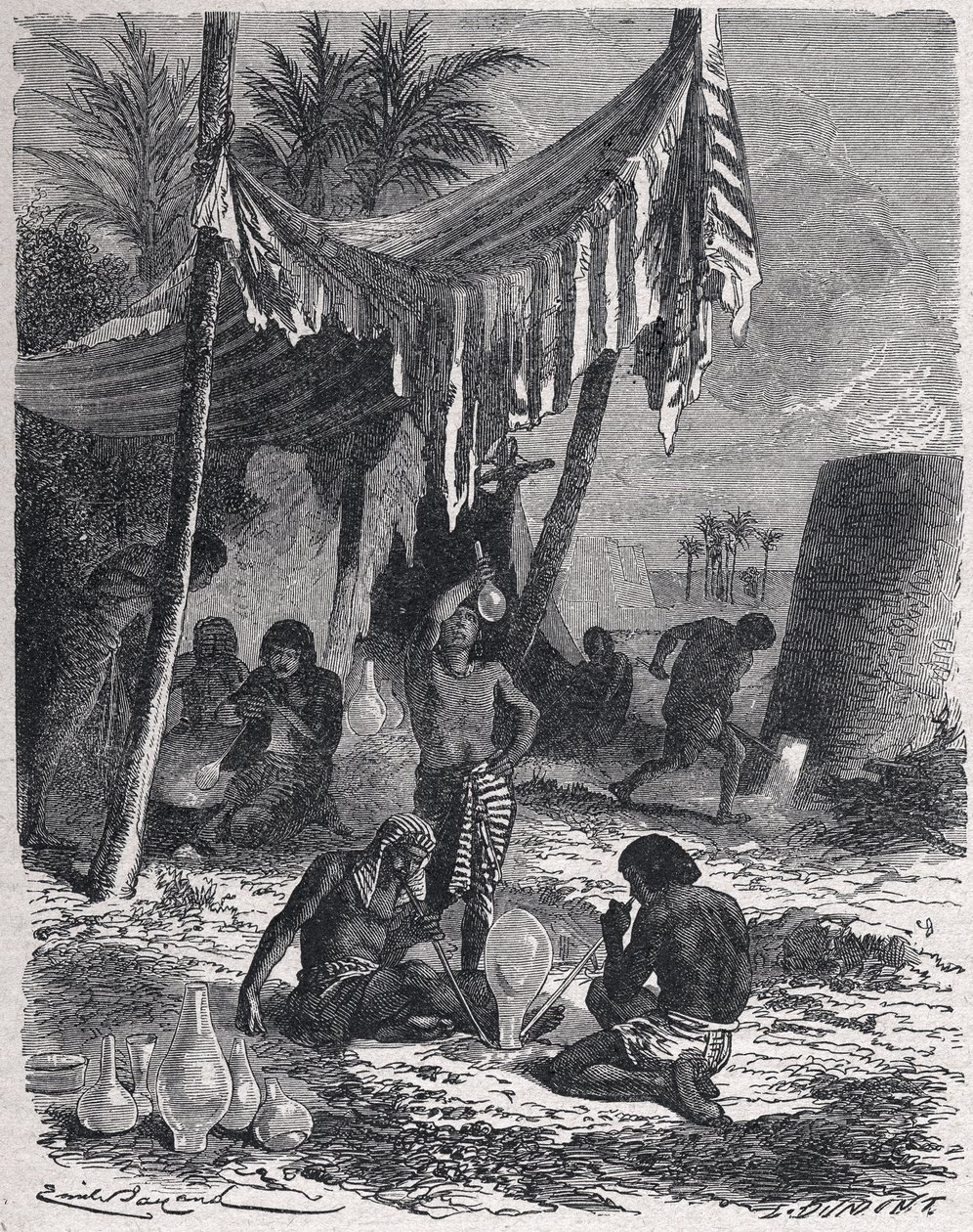Glastillverkning i forntida Egypten, ca 1880 (gravyr) av Unbekannter Künstler
