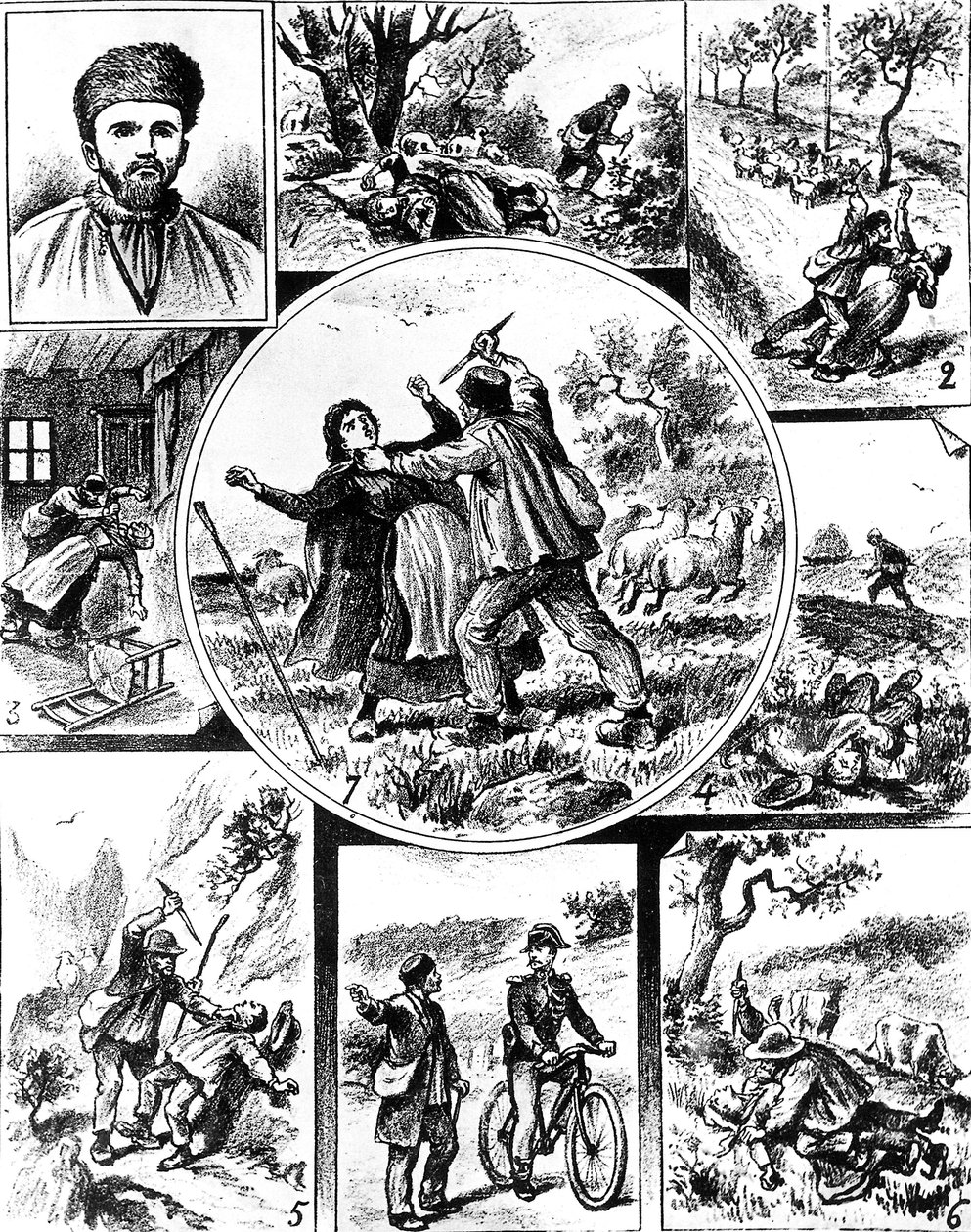 Vacheraffären, i Frankrike sent 1800-tal, en av de första seriemördarna, 1895-1898, gravyr av Unbekannt