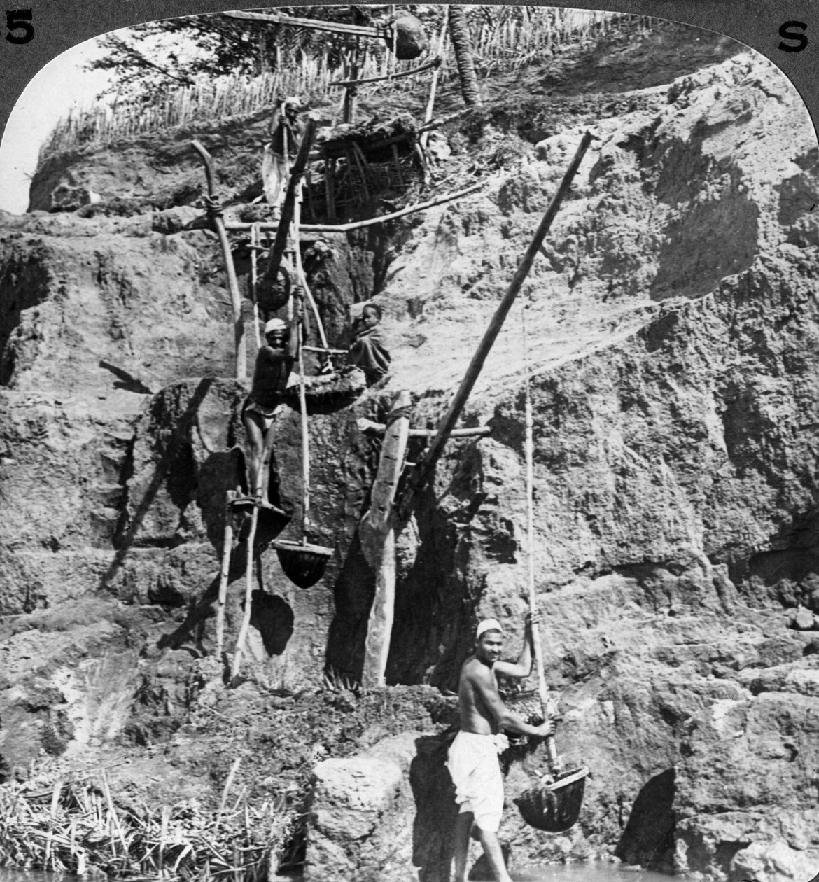 En egyptisk shaduf som lyfter Nilens vatten till de törstiga fälten, Egypten, 1905. av Underwood and Underwood