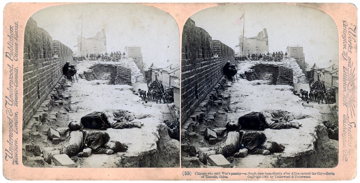 Slaget vid Tientsin, Boxer Rebellion, Kina, 1900 1901. av Underwood and Underwood