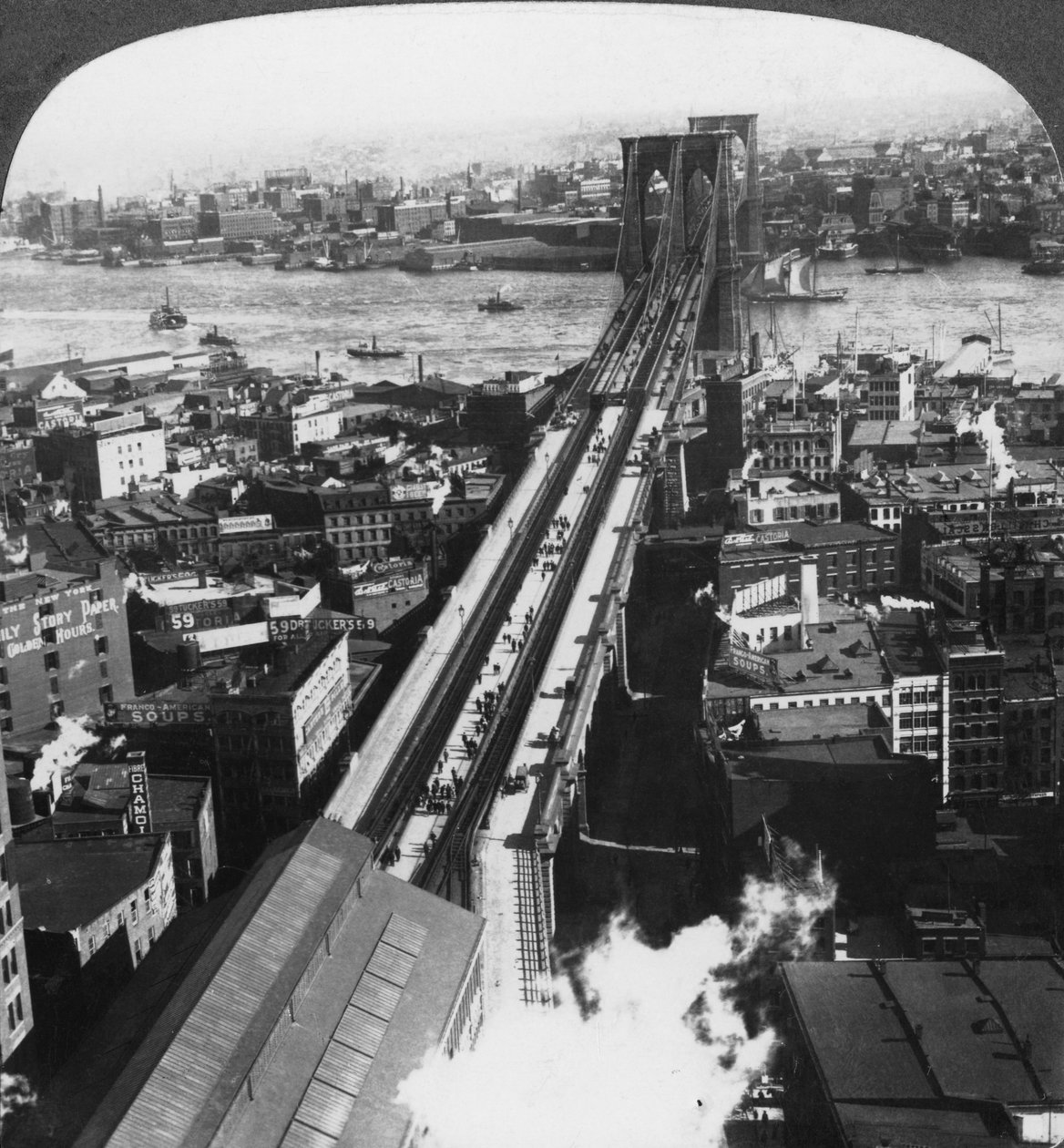 Brooklyn Bridge, New York City, New York, USA, sent 1800- eller tidigt 1900-tal. av Underwood and Underwood