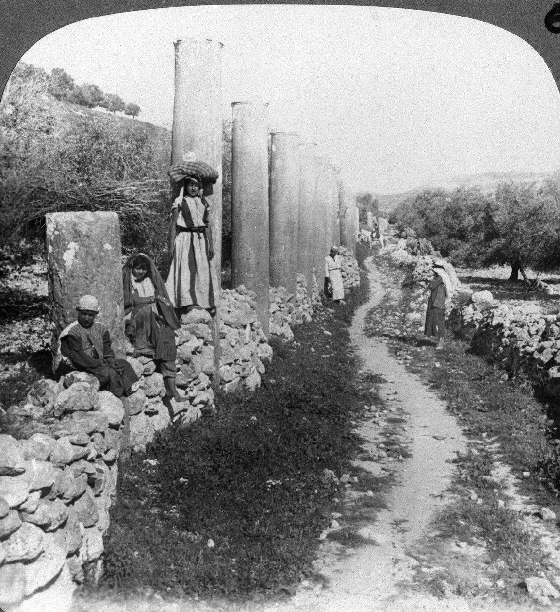 Herods gata av kolonner, Samaria, Palestina, Israel, 1905. av Underwood and Underwood