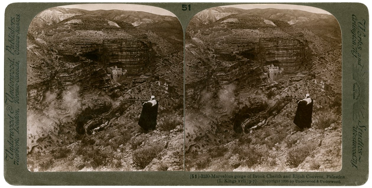 Klyftan Brook Cherith och Elijah-klostret, Palestina, 1890. av Underwood and Underwood
