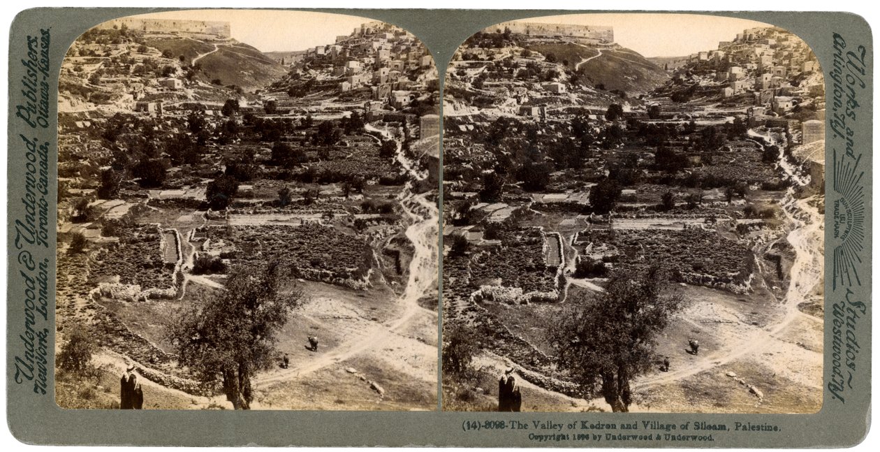 Kedrondalen och byn Siloam, utanför muren i Jerusalem, Palestina, 1896. av Underwood and Underwood