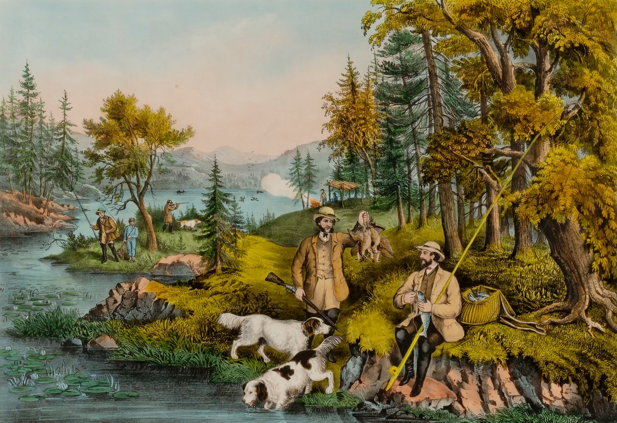 Jakt, fiske och skogsscener--God lycka åt alla håll av Unidentified