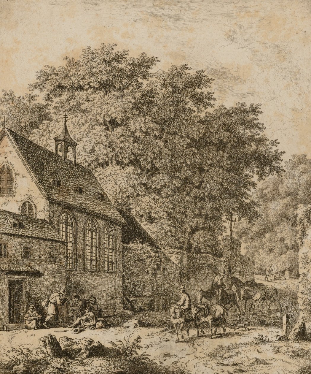 Landskap med kyrka och bönder av Unidentified
