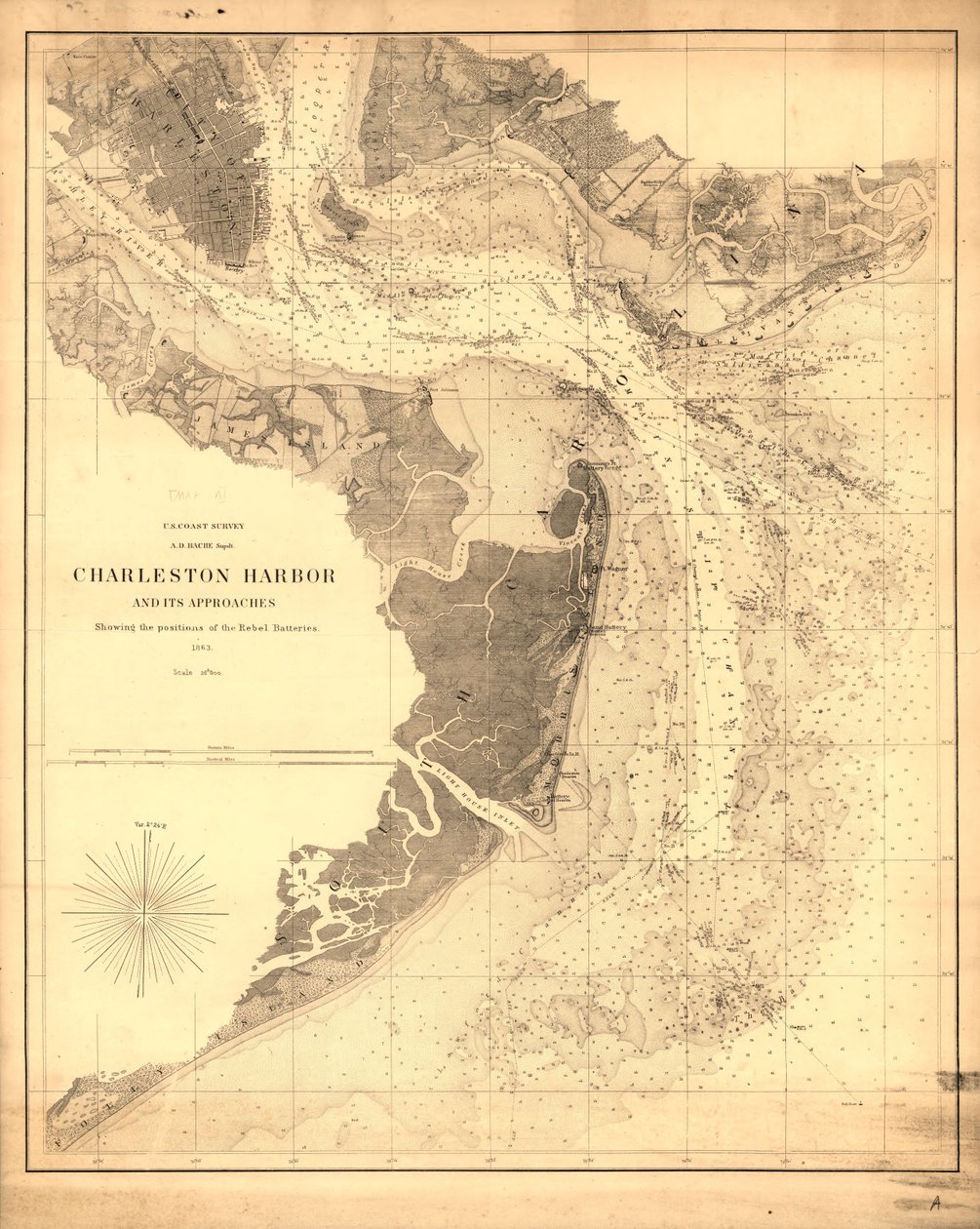 Charlestons hamn och dess tillfarter visar positionerna för rebellernas batterier. LOC 99448822 av United States Coast Survey