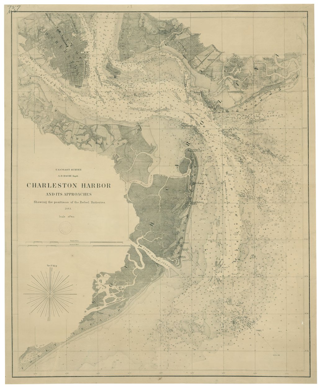 Charlestons hamn och dess tillfarter visar positionerna för rebellernas batterier LOC lva0000206 av United States Coast Survey