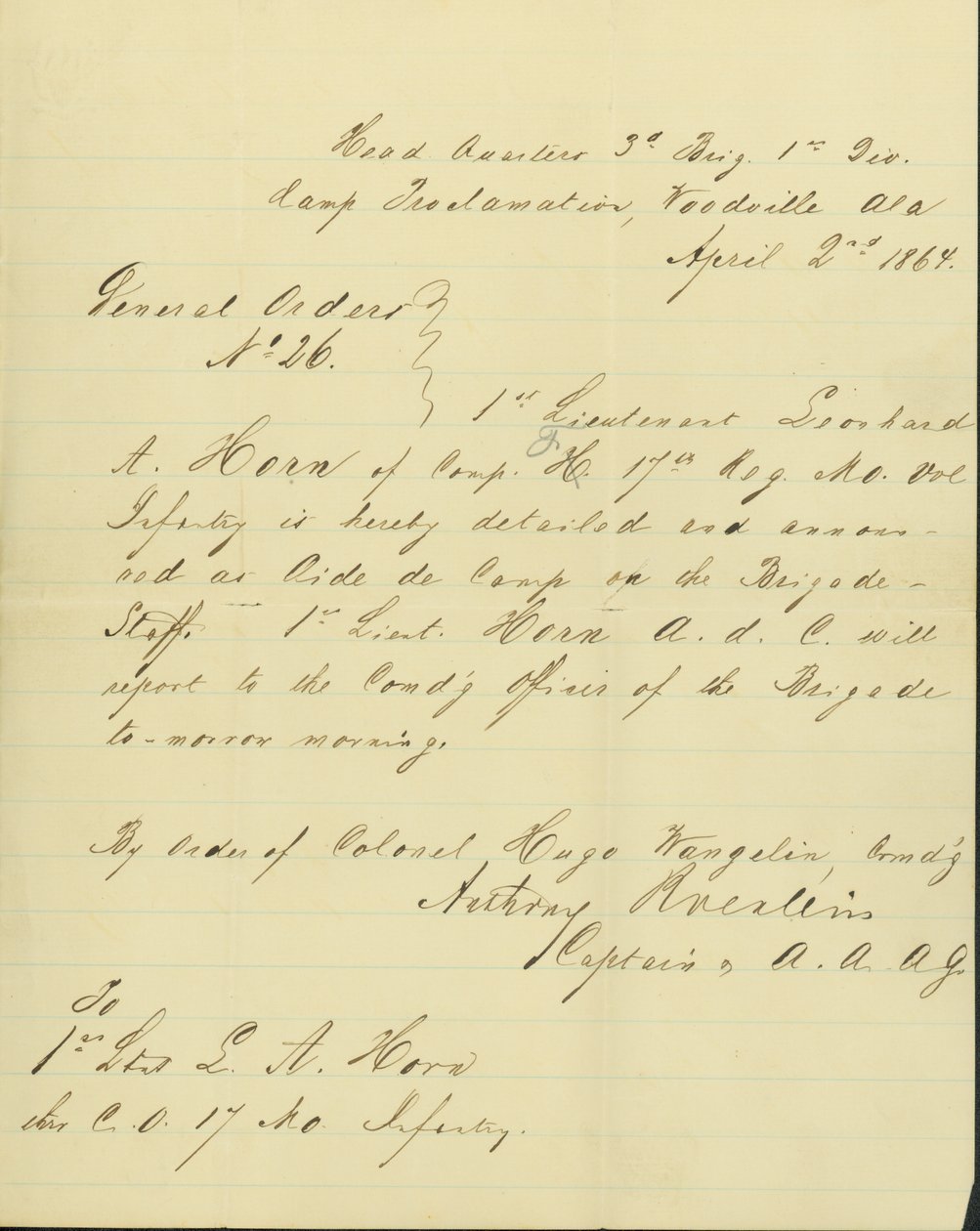 Announces that Leonard A. Horn is detailed as Aide de Camp on the Brigade Staff av Unknown