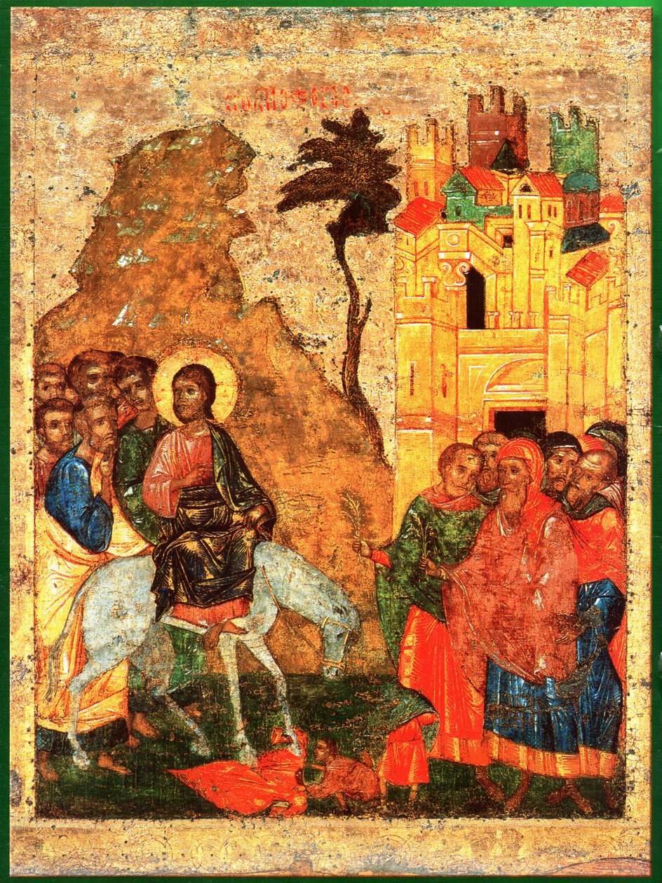 Entry into Jerusalem. Russian icon 14 c av Unknown