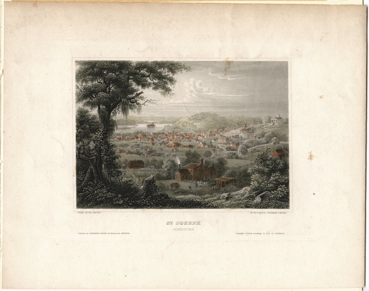 Horizontal steel engraving looking down from a height on a town along a river. There is a steamboat on the river in the background av Unknown
