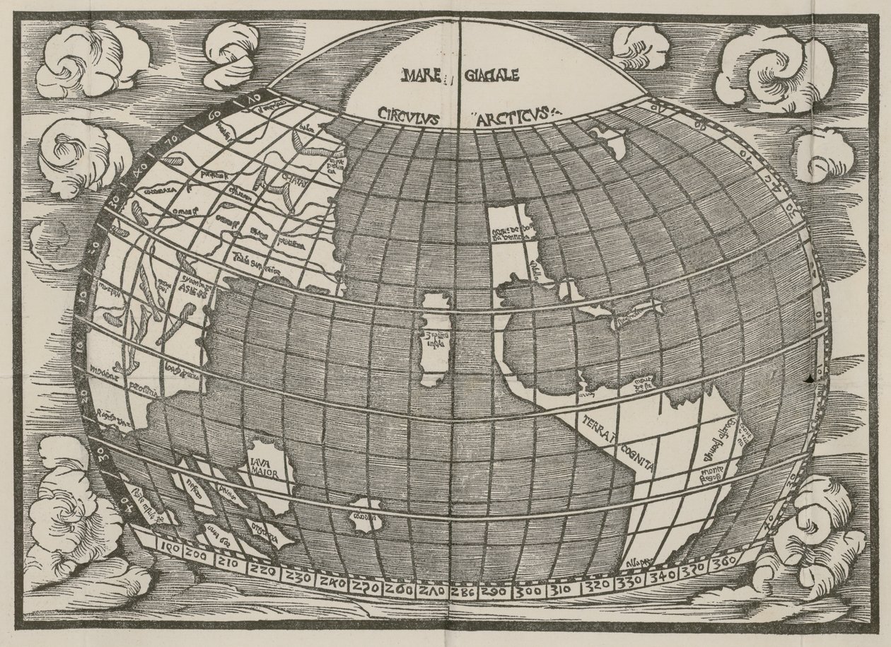 Karta över Nord- och Sydamerika som visar hur de två kontinenterna är förbundna med varandra genom en isthmus. Publicerad i Introductio in Ptholomei Cosmographiam (Introduktion till Ptolemaios kosmografi) av Jan av Stobnica, 1512. av Unknown