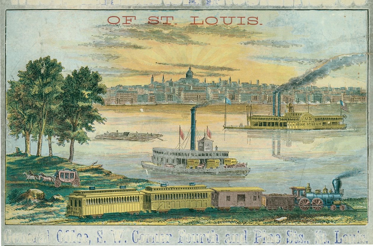 View of St. Louis from east with setting sun av Unknown
