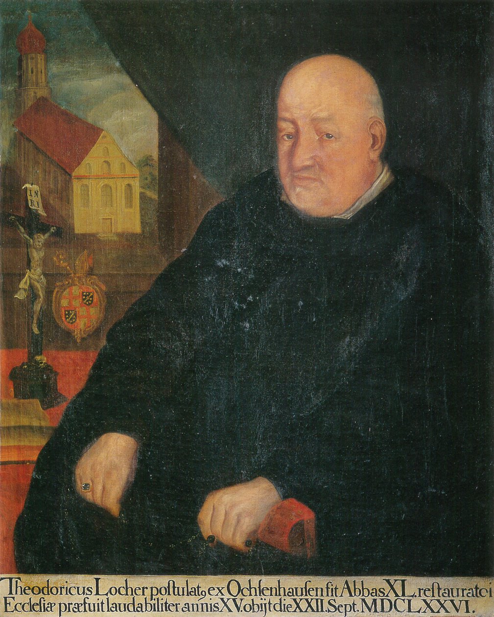 den 40:e abboten, Theoderich Locher, i bakgrunden klosterkyrkan St. Georg Isny av Unknown