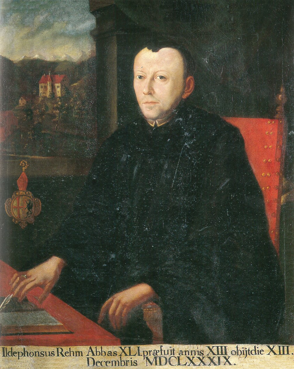 den 41:e abboten, Ildephons Rem (Rehm), i bakgrunden utsikt över Eggen slott av Unknown
