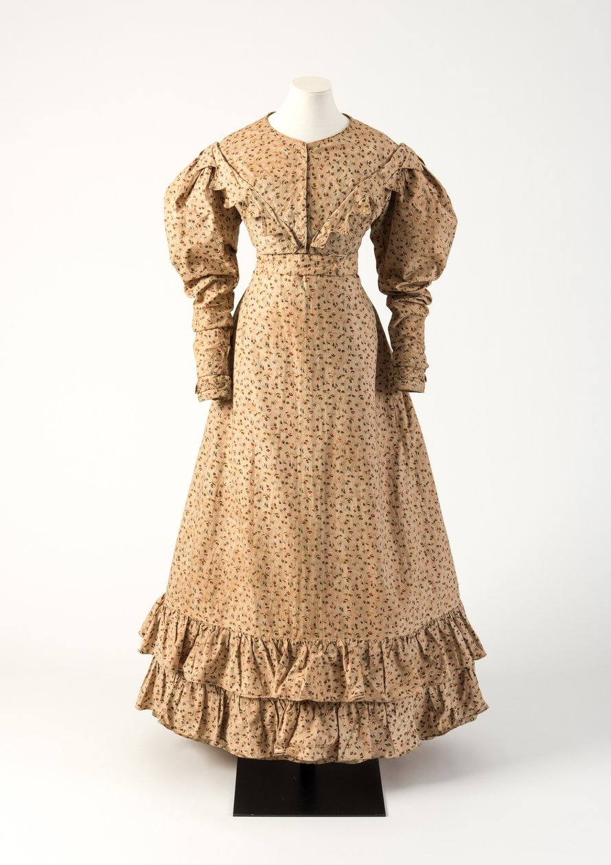 Brun och rosa, gul och grön bomullsklänning med rulltryck, 1825 (bomull) av Unbekannt Unbekannt