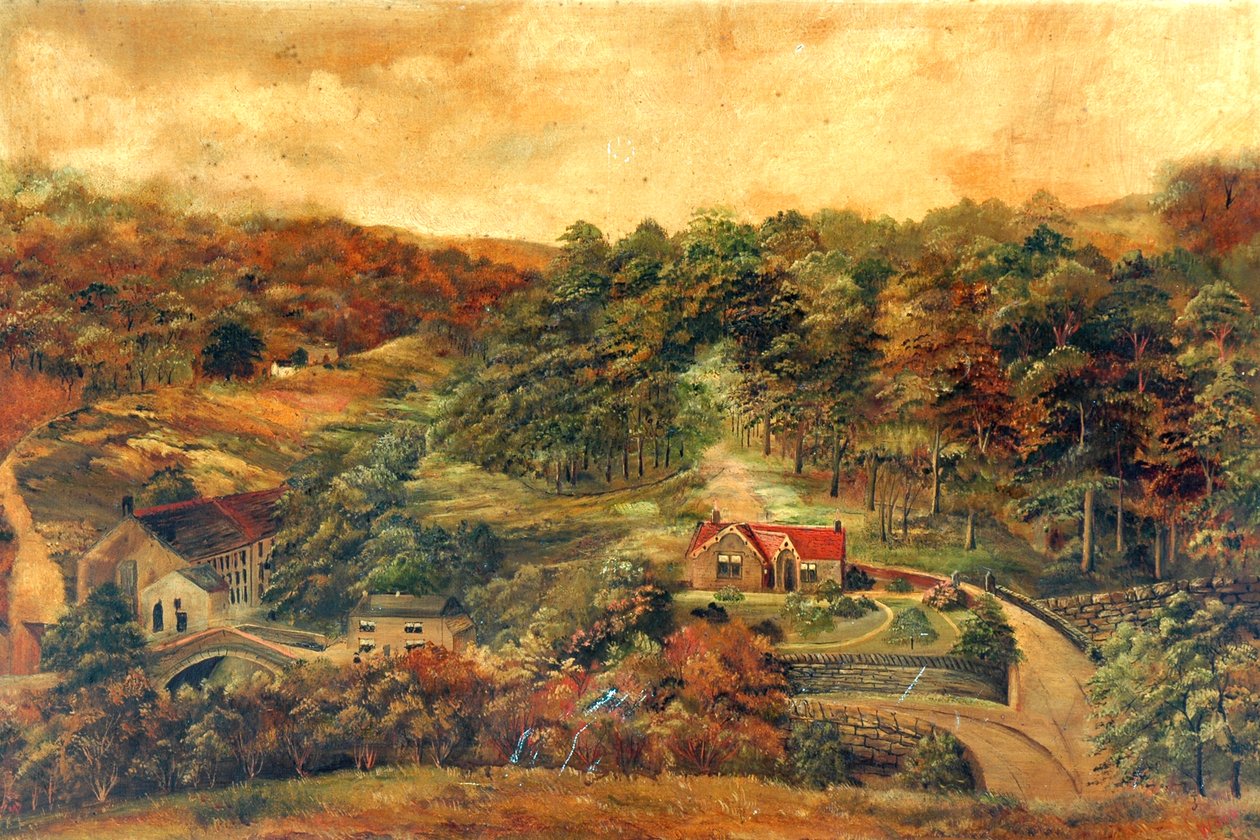 Hus och kvarn i lantlig skogsmark, ca 1880 av Unknown