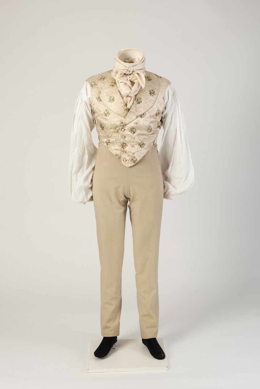 Mans yllebyxor, bärs med figursydd sidenväst, 1820-tal (ull & siden) av Unbekannt Unbekannt