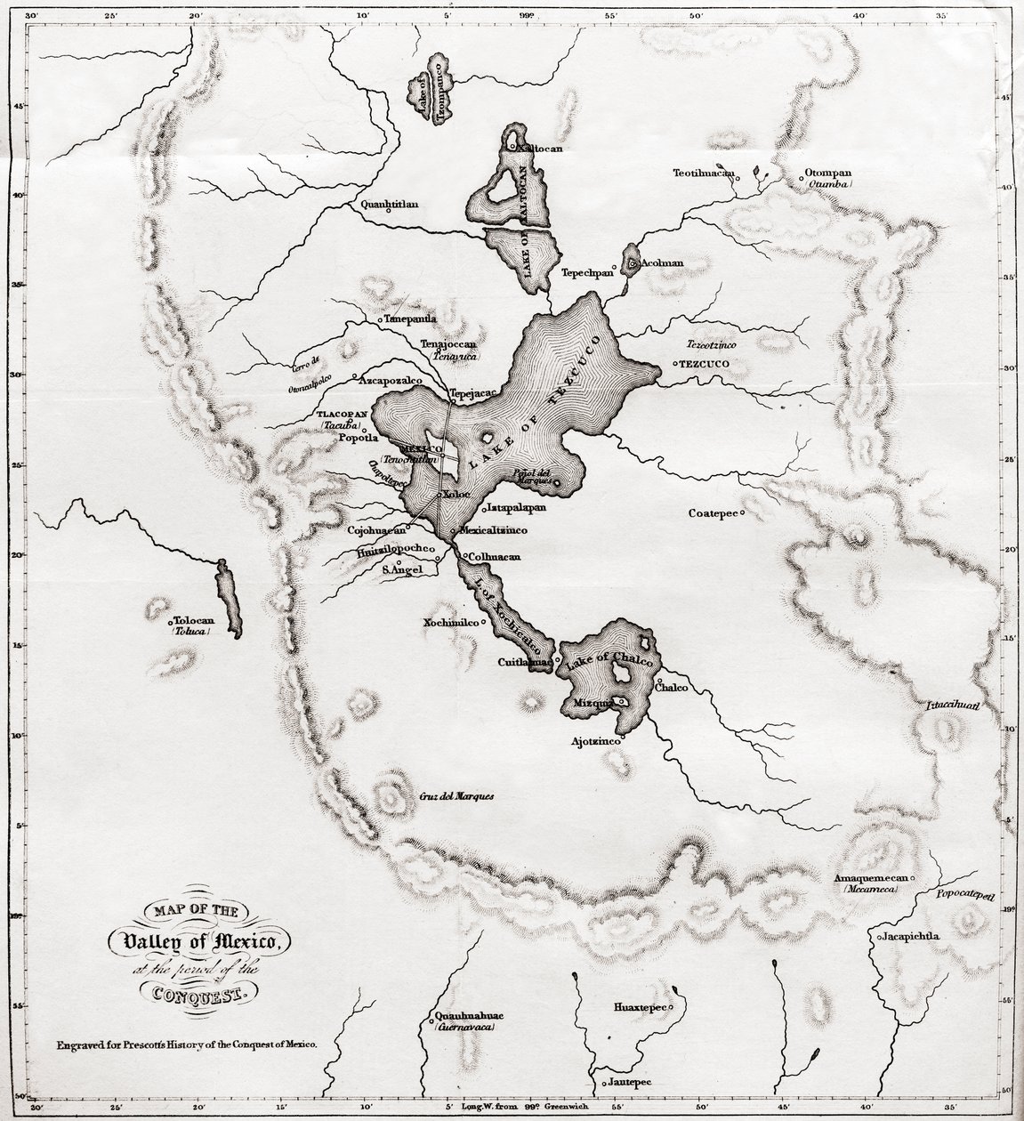 Karta över Mexikos dal vid tiden för erövringen, från History of The Conquest of Mexico, publicerad 1850 av Unbekannt Unbekannt