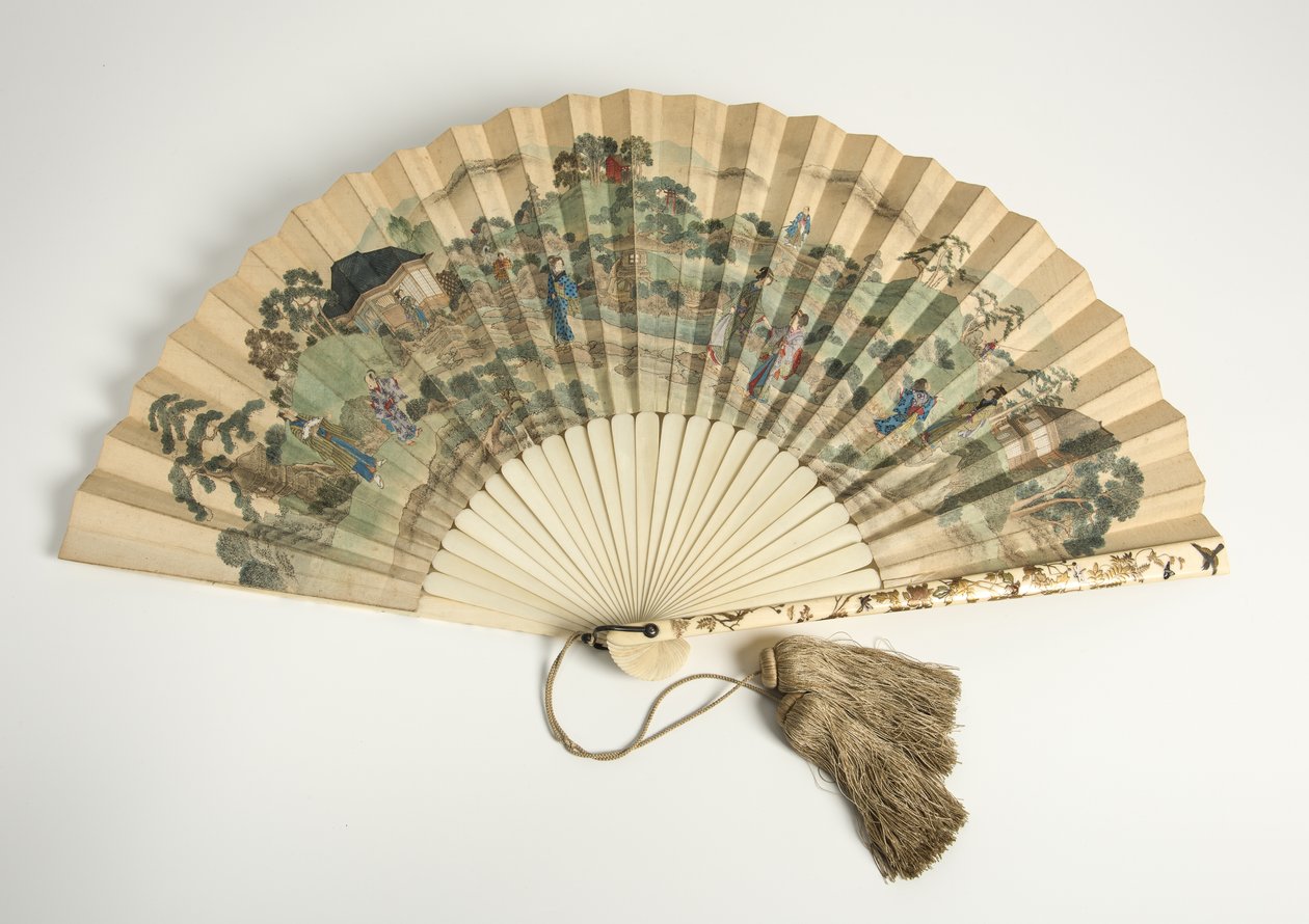 Tryckt pappersfläkt, med japanska figurer i ett landskap, 1880-tal (elfenben, papper och tofsar) av Unbekannt Unbekannt