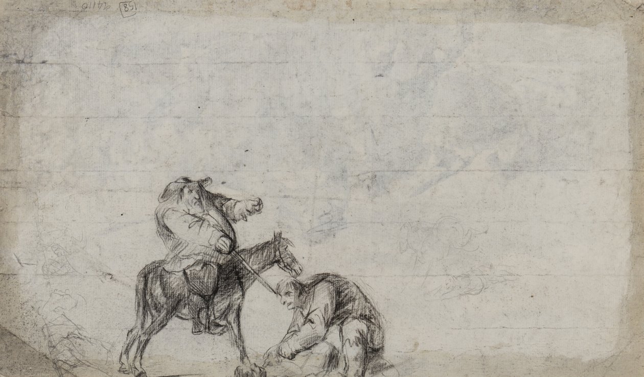 Studie associerad med en resenär överfallen, möjligen Samuel Butlers Hudibras, ca 1790 (kol på papper) av Unbekannt Unbekannt