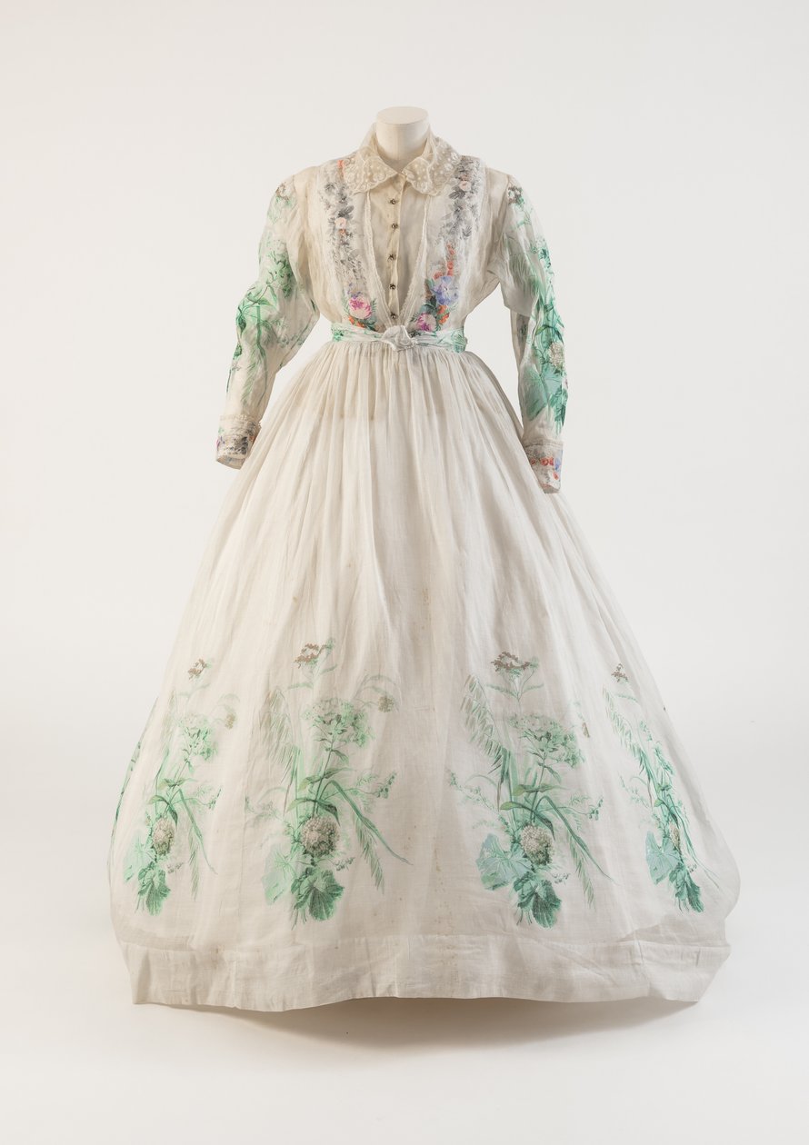 Vit muslinklänning i bomull med grönt blommönster, 1860-tal (bomull) av Unbekannt Unbekannt