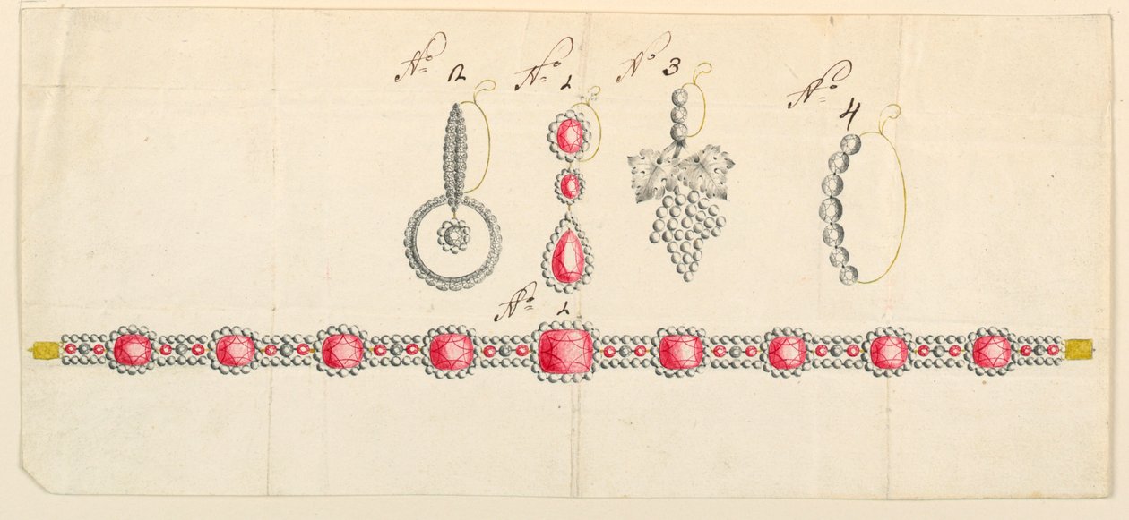 Ritning, mönster för ett halsband och fyra örhängen av Unknown