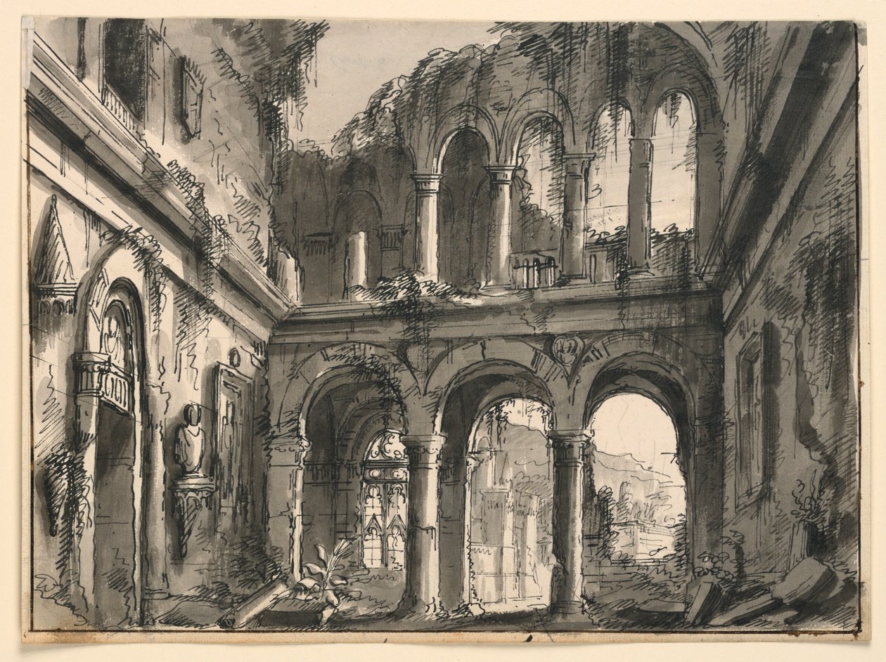 Ritning, scendesign, interiör i förstört renässanspalats, tidigt 1800 -tal av Unknown
