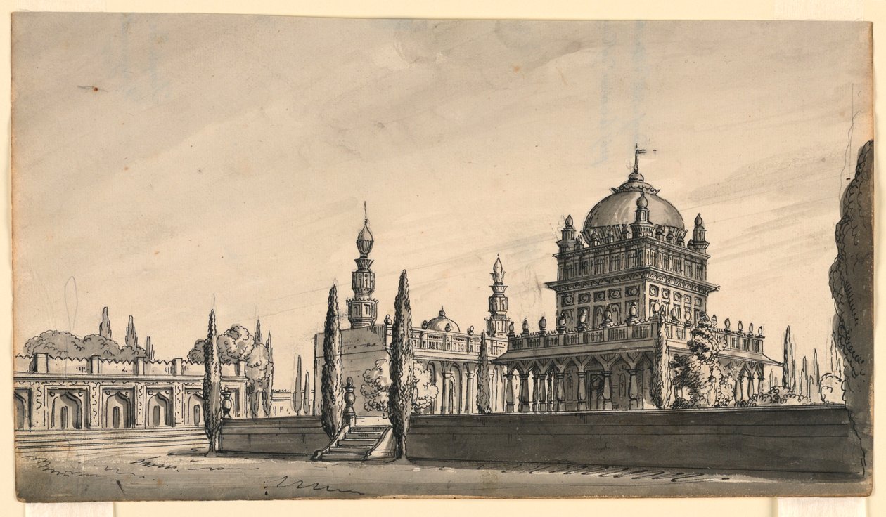 Ritning, scendesign, orientaliskt tempel, tidigt 1800 -tal av Unknown