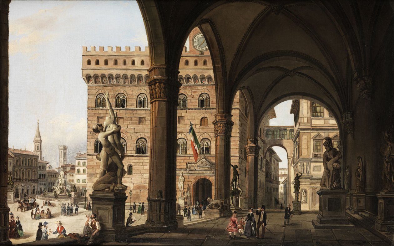 Blick von der Loggia dei Lanzi zum Palazzo della Signoria in Florenz av Unknown