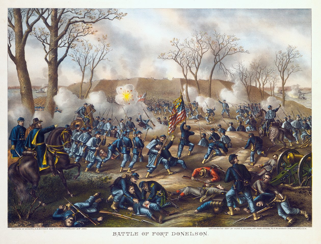 Image of Union soldiers in the foreground, some wounded and some fighting the Confederate soldiers in the background av Unknown