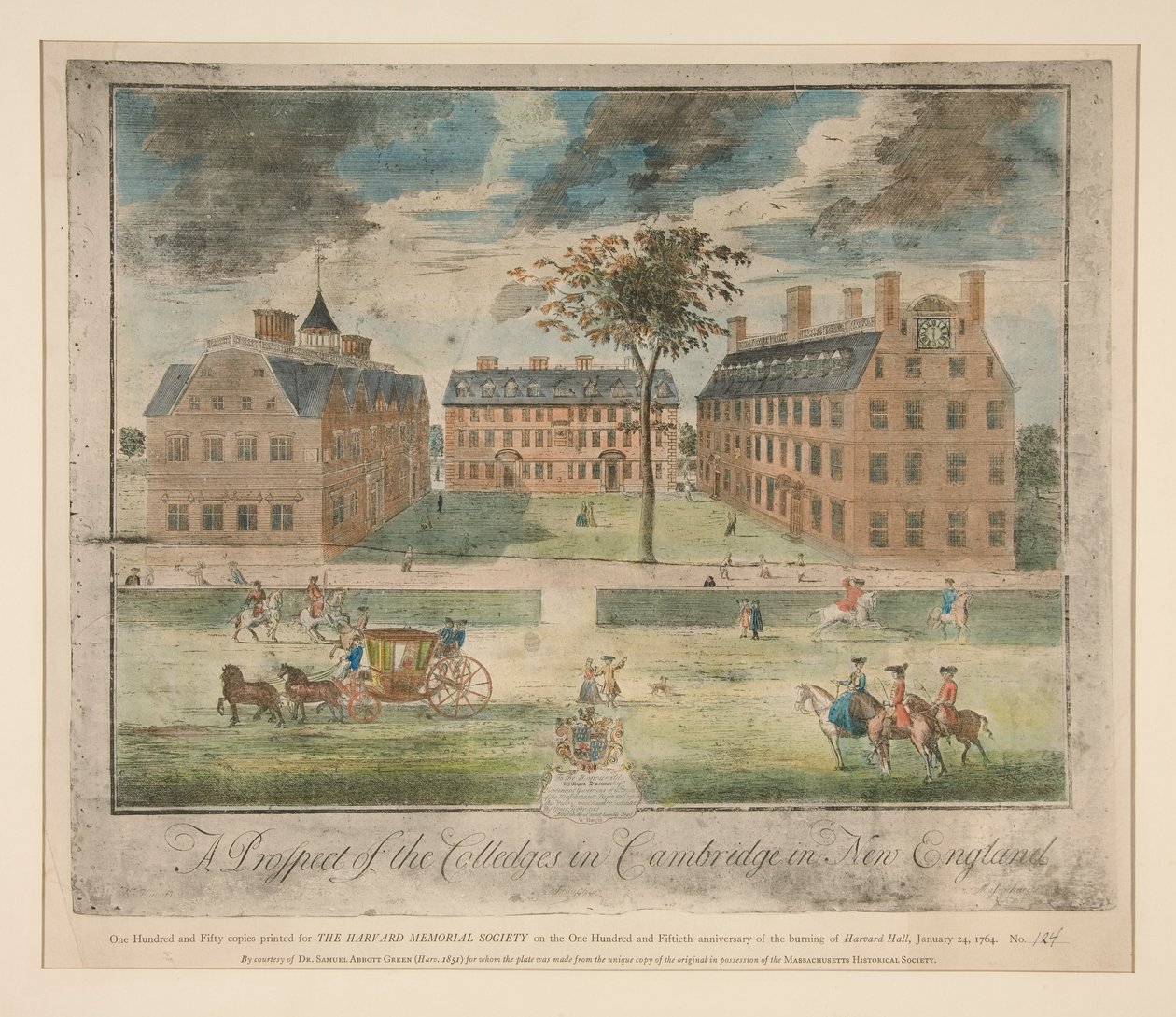 En utsikt över högskolorna i Cambridge i New England; reproduktion gjord för Dr. Samuel Abbott av Unknown