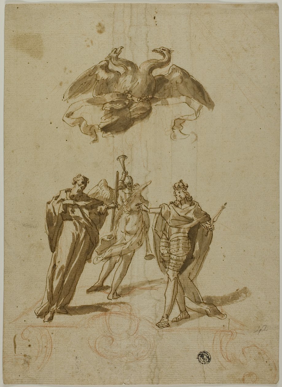 Allegoriskt ämne: Tvåhövdad kejserlig örn på moln; På marken, en draperad figur, en kung och en berömmelsesfigur av Unknown