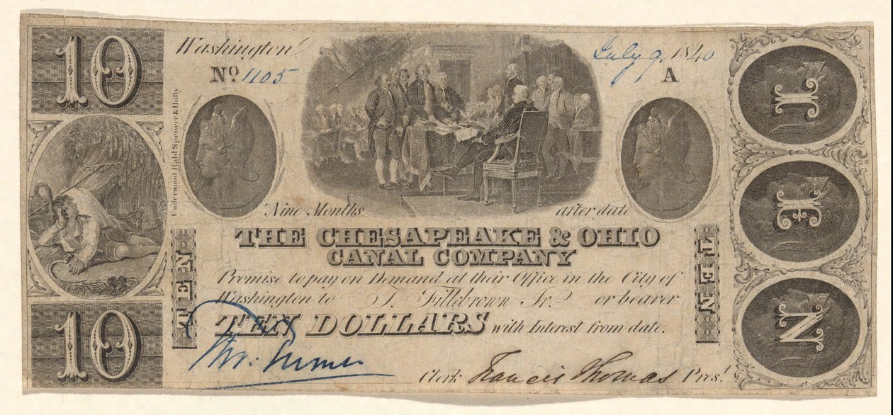 Sedel för $10 utgiven av The Chesapeake and Ohio Company med vinjettbevis av Trumbull av Unknown