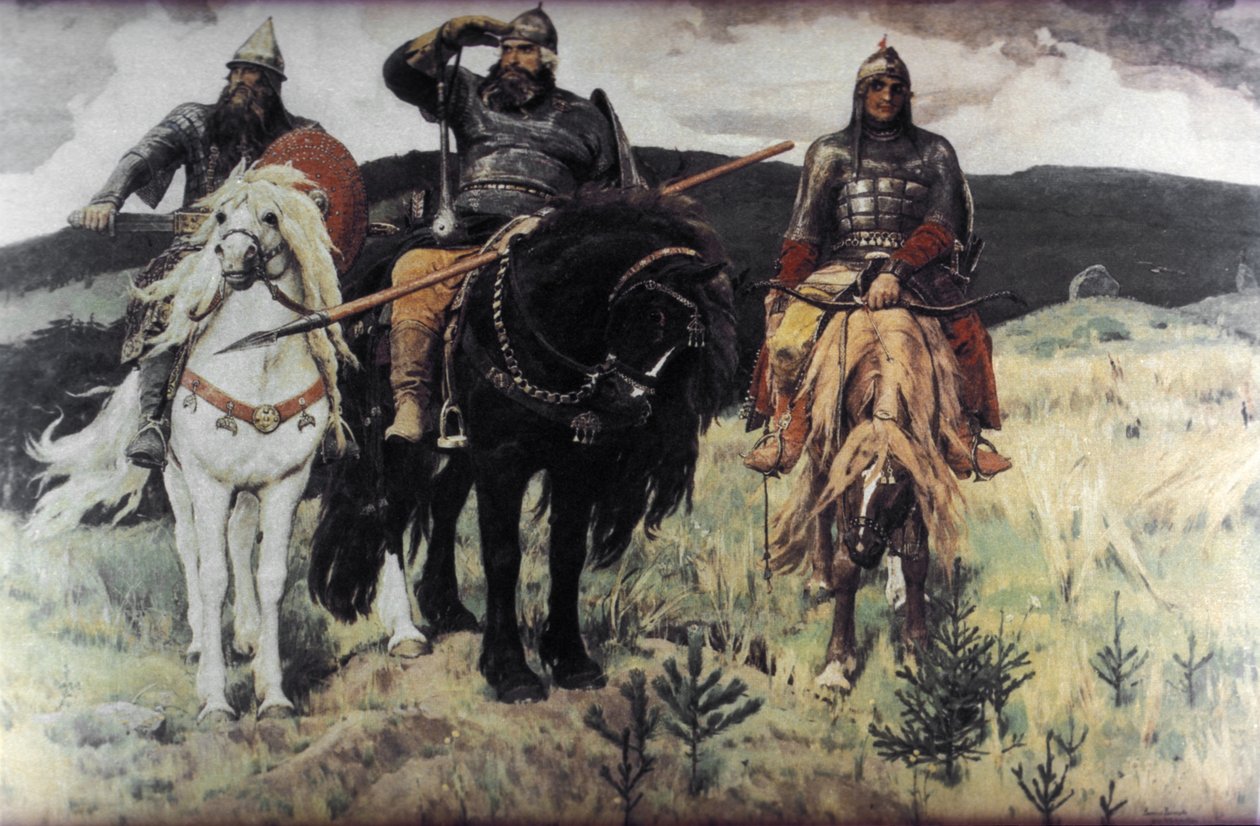 Bogatiri (Hjältarna) och Victor Mikhailovich Vasnetsov, 1898. av Unknown