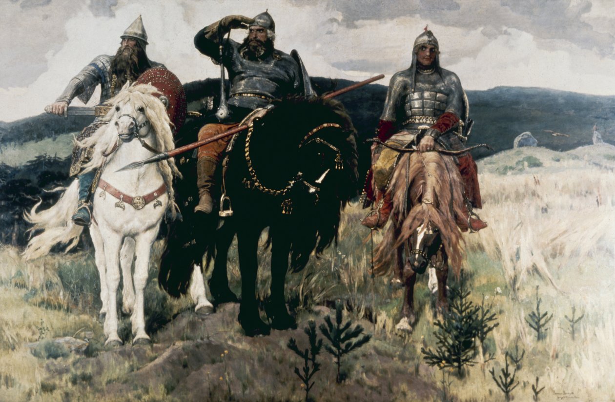 Bogatiri (Hjältarna) och Victor Mikhailovich Vasnetsov, 1898. av Unknown