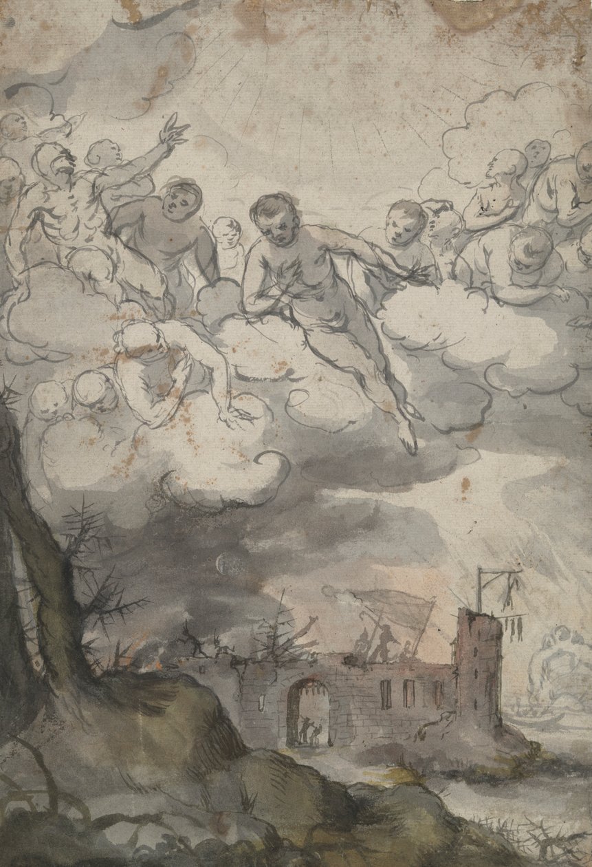 Himmelska gestalter ovanför ett slott som härjats av Döden och Djävulen av Unknown