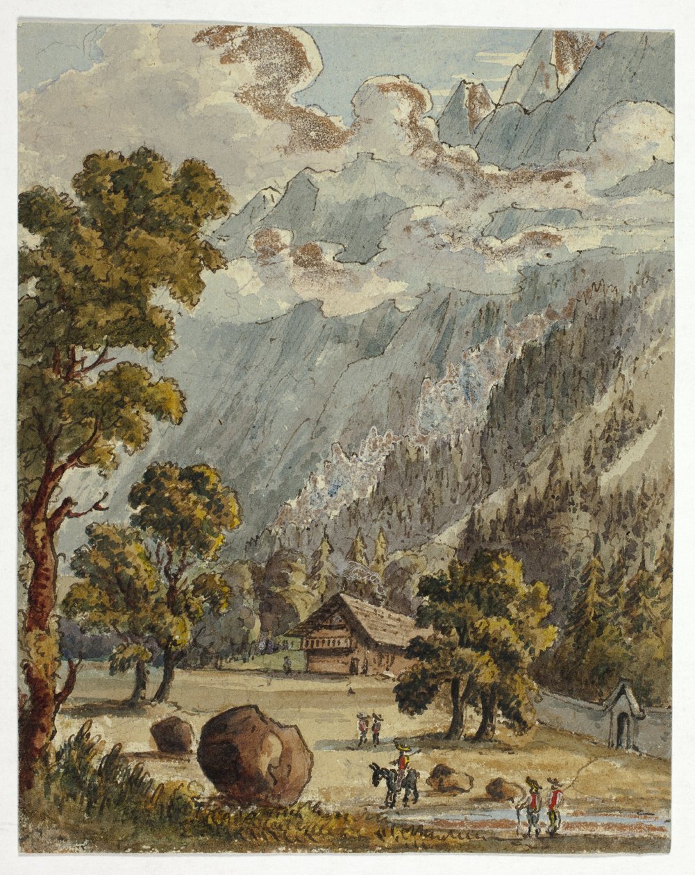 Chalet och trädgård nedanför Alperna (recto); Village  Glacier du Boissons, Chamix (verso) av Unknown