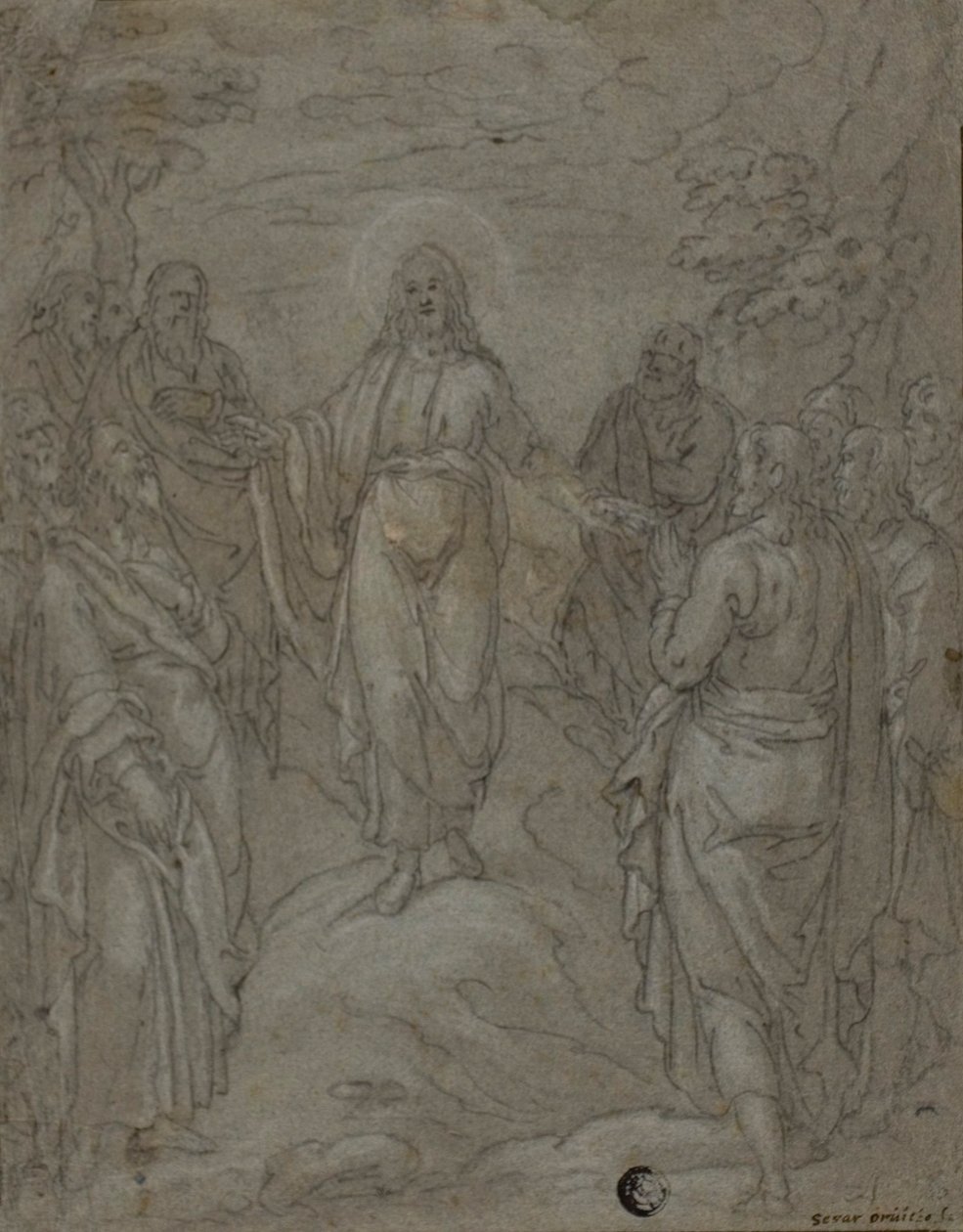 Kristus och apostlarna (recto); Skiss av en julkrubba (verso) av Unknown