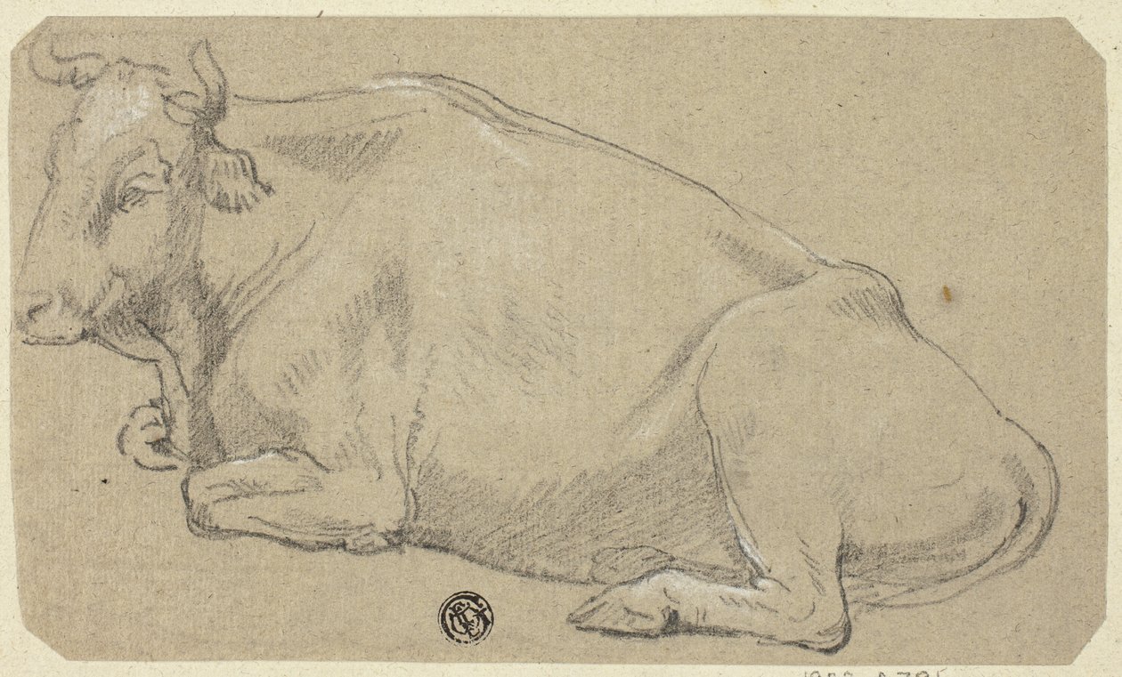 Ko liggande på hasen (recto); Kvinnohuvud och skiss av hästhuvud (verso) av Unknown