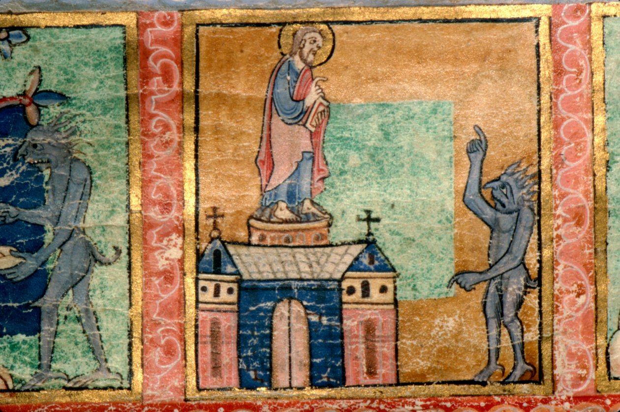 Detalj från en psalter, Temptation of Christ andra troligen upplyst i Canterbury, c1140 av Unknown