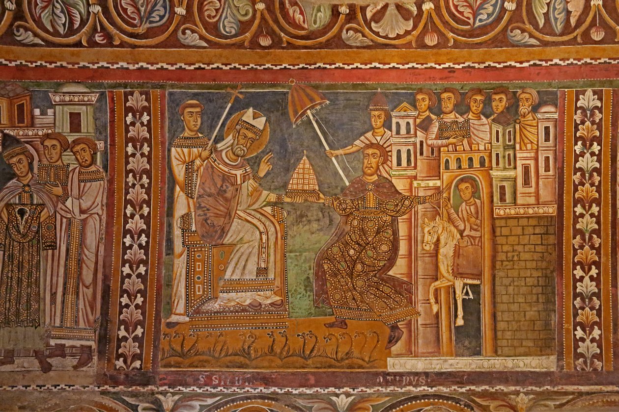 Kejsar Konstantin presenterade sin kejserliga tiara för påven Sylvester, vilket gav honom härska över Rom, västra väggen i kapellet San Silvestro, 1246 av Unknown