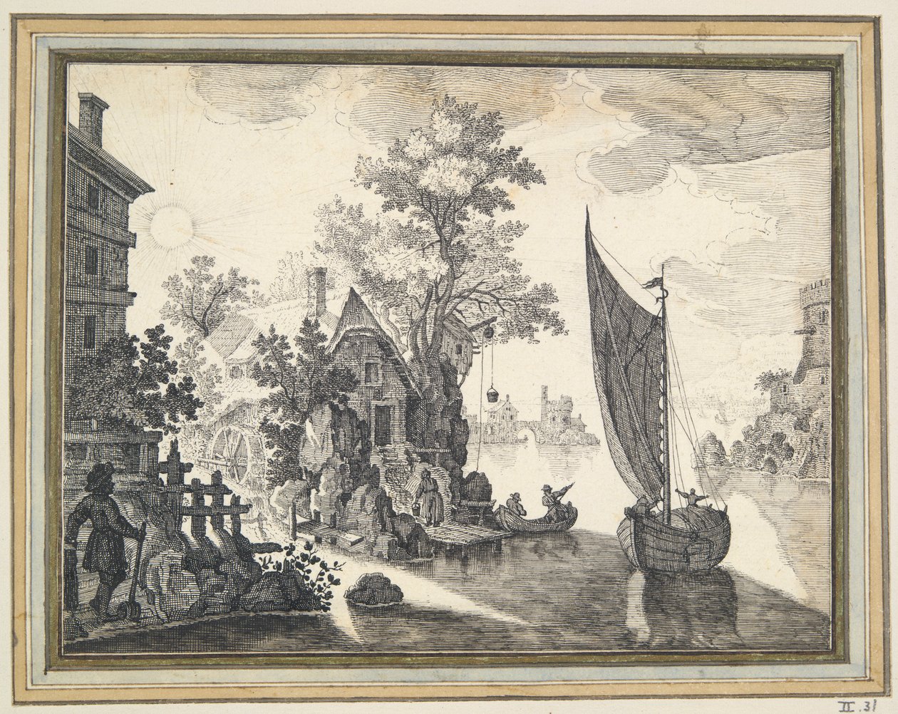 Fantastiskt landskap med flod och vattenkvarn av Unknown