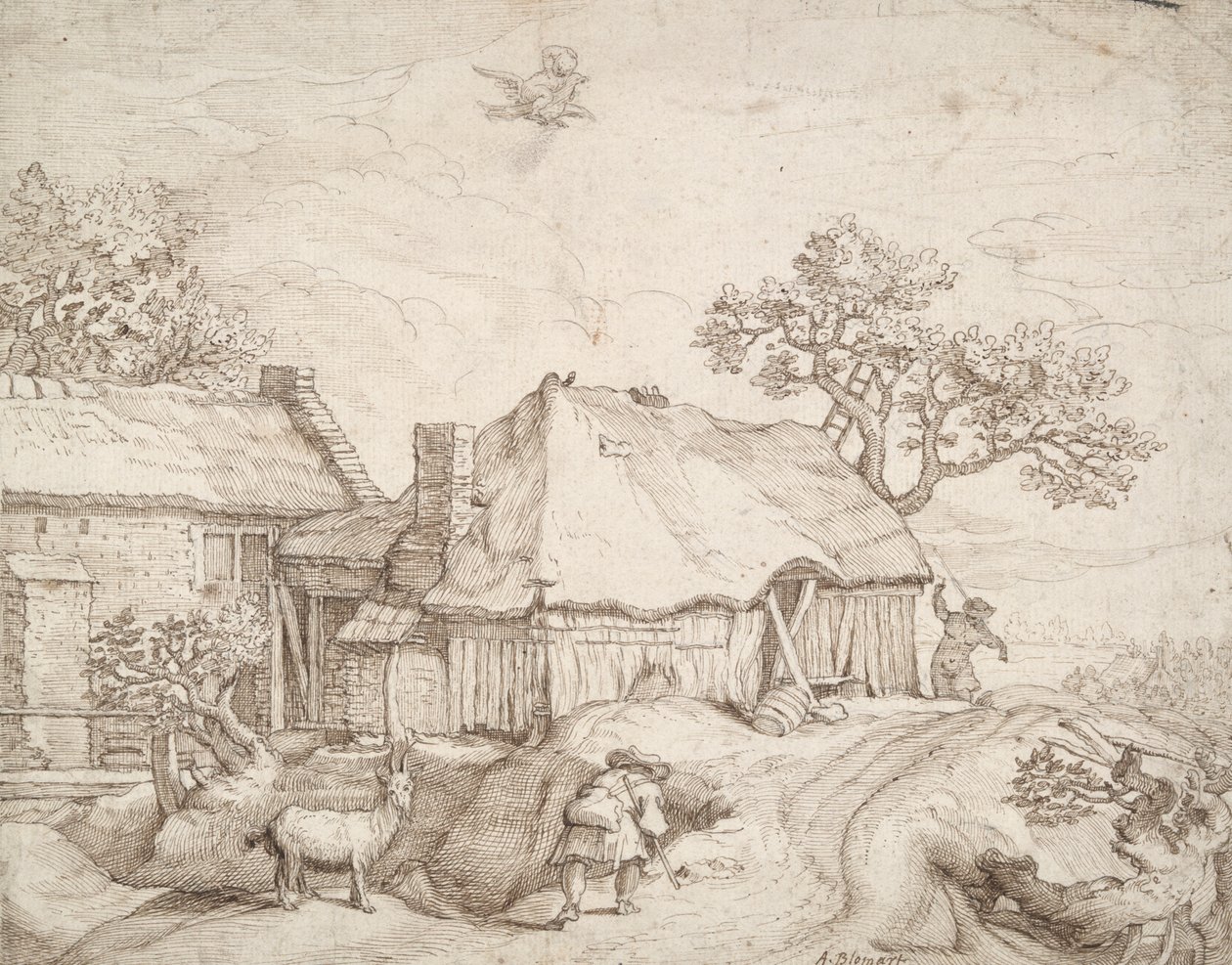 Gårdsbyggnader med bönder, en get och bortförandet av Ganymedes av Unknown