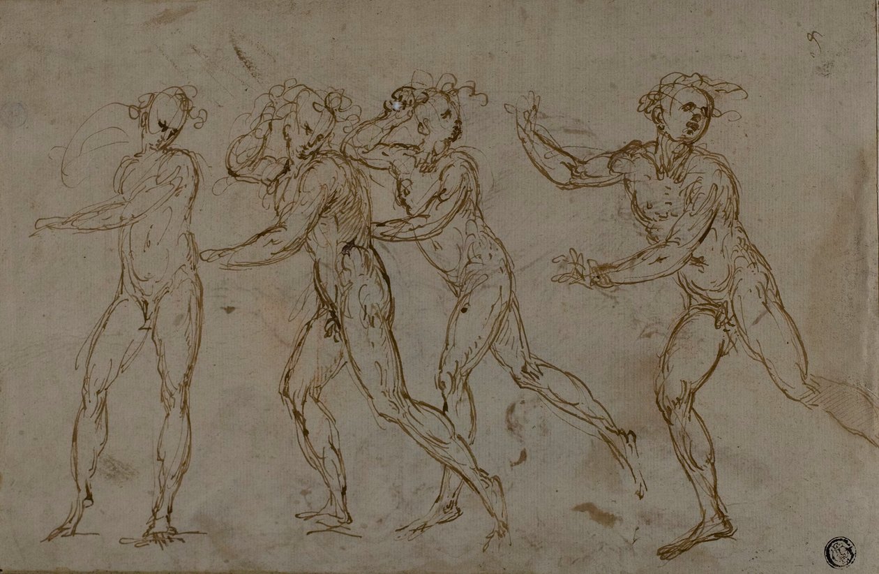 Fyra löpande manliga nakenbilder (recto); Helig familj med spädbarnet Johannes Döparen (verso) av Unknown