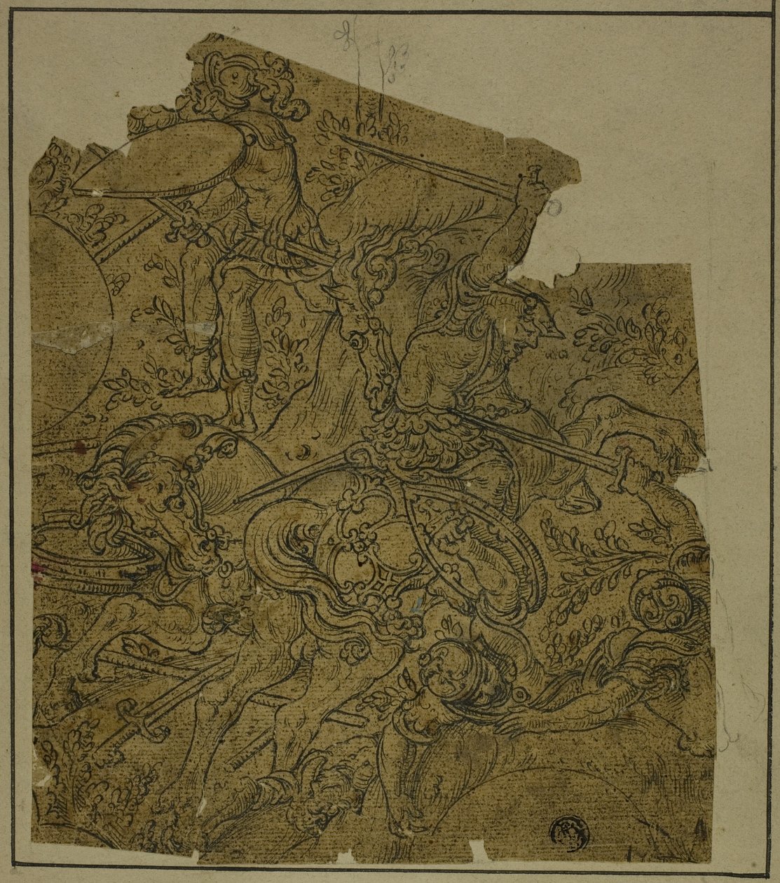 Fragment: Beväpnade krigare till häst kämpande fotsoldater av Unknown