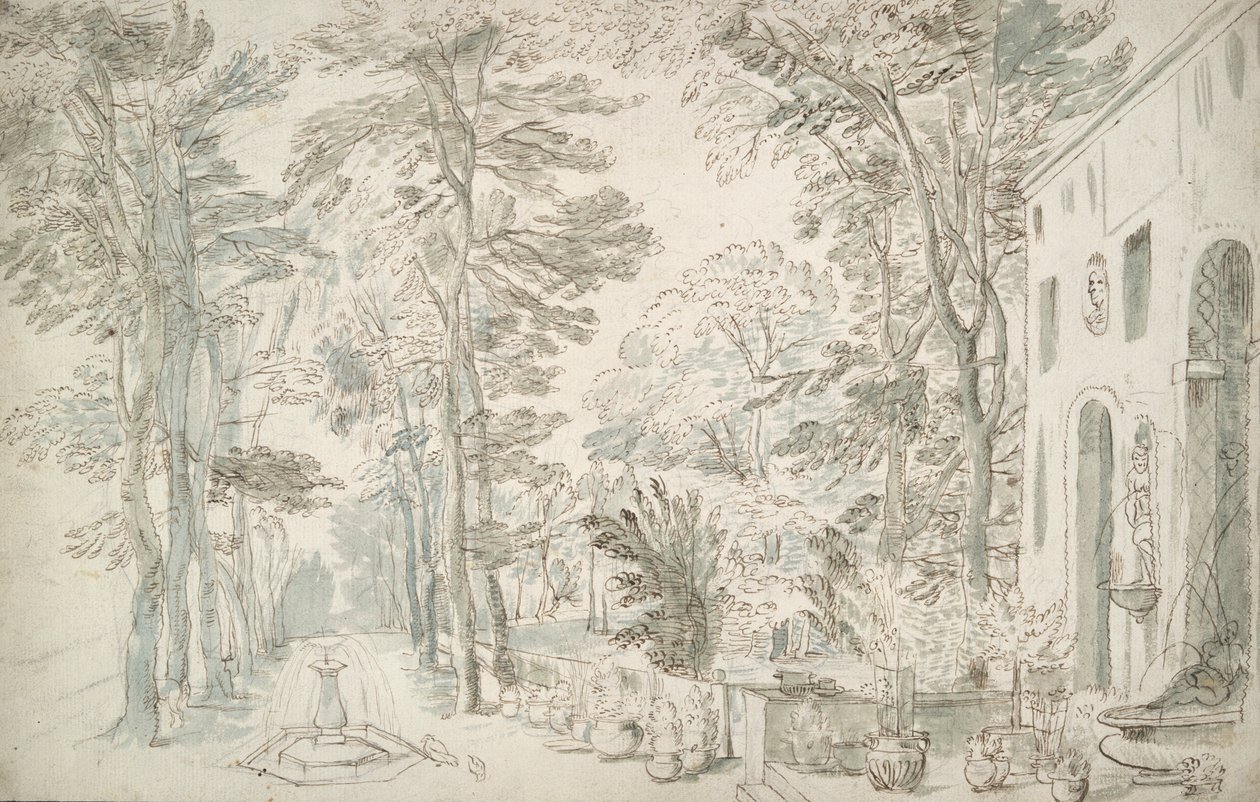 Trädgård med fontäner och krukväxter buskar av Unknown